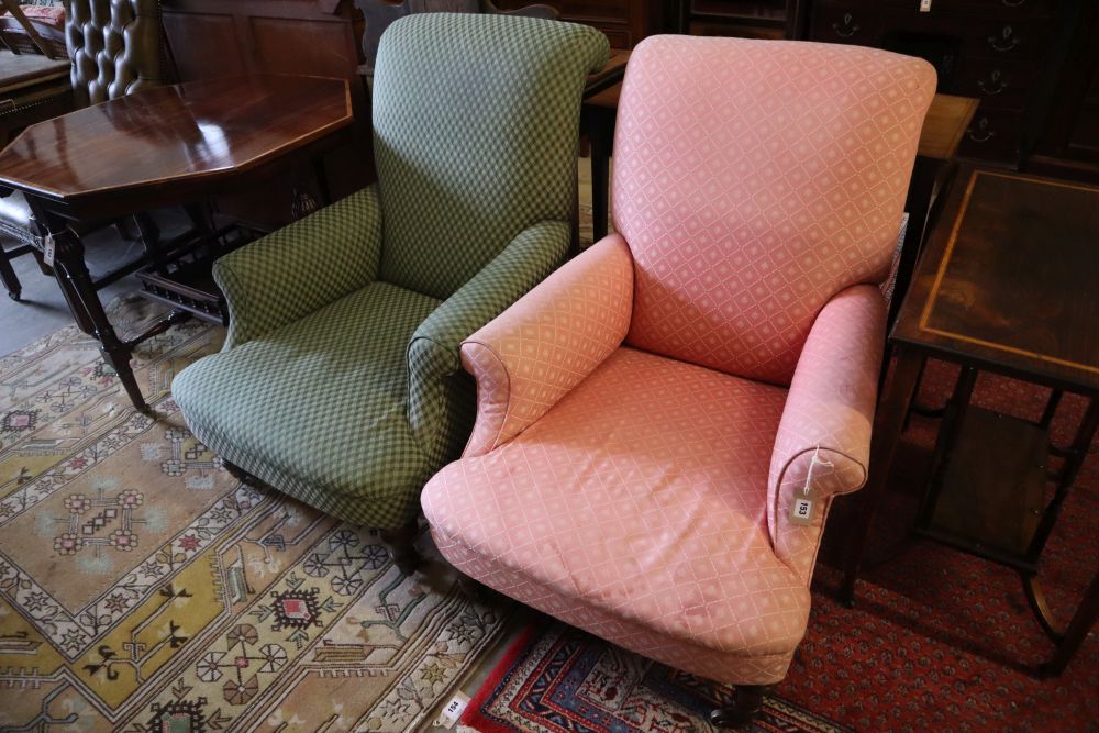 A pair of Victorian mahogany upholstered armchairs, width 72cm depth 90cm height 94cm